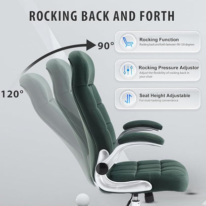 High Back Fabric Office Chair, Velvet Executive Desk Chair with Flip-Up Arms, Ergonomic Office Chairs with Lumbar Support, Upholstered Home Computer Swivel Chair with Wheels(Green)