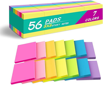 (56 Pads) Sticky Notes Bulk 3x3 in Post Bright Stickies Colorful Super Sticking Power Memo Pads, Strong Adhesive