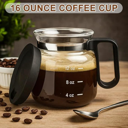 16 Oz Coffee Pot Mug,Mini Coffee Pot Cup,with Spill Proof Lid Heatproof Glass Mug Large Capacity ideal Gift for Coffee Lovers (2Pcs)