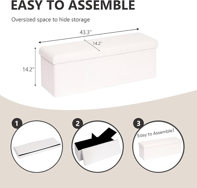 43 Inches Storage Ottoman Bench - Square Ottoman with Sherpa Top,Storage Bench for Bedroom,43" L x 15" W x 15" H - White