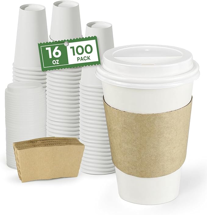 Paper Cups 16 oz Disposable Coffee Cups with Lids and Sleeves,100 Pack To Go Hot Cups with Lids & Kraft Sleeves, BPA Free Leak Proof Disposable Cups for Everyday Use Cafe Office Coffee Bar Essentials