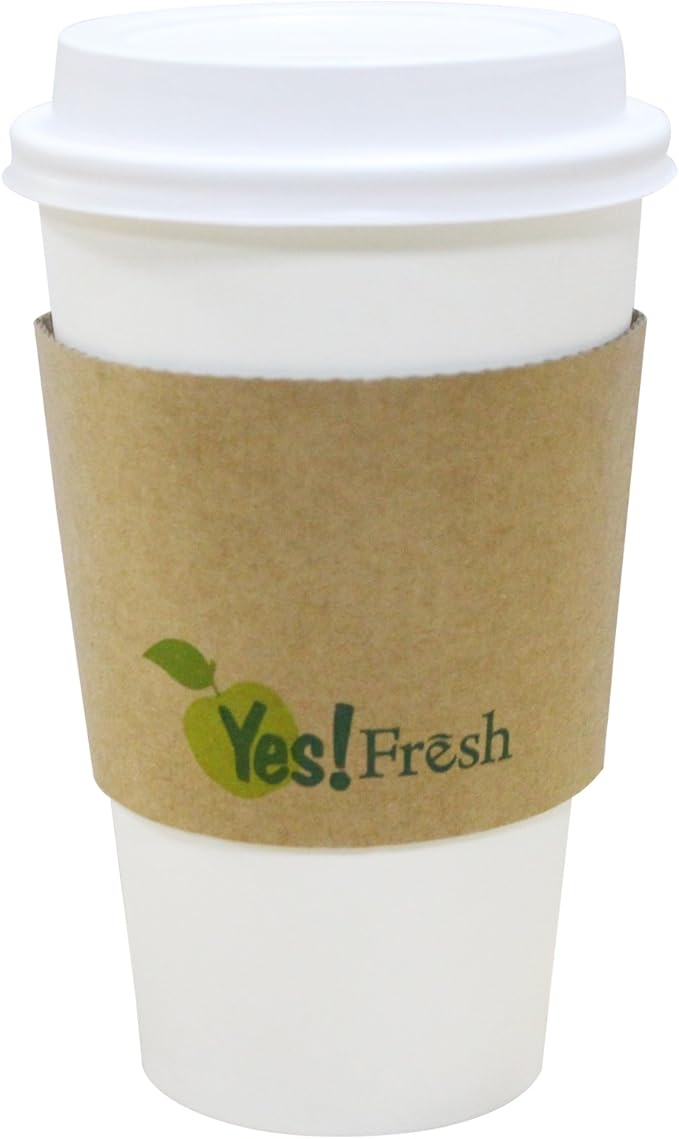 Yes!Fresh Disposable Paper Coffee Cups – To-Go Cups with Lids & Sleeves (Selected Sizes) – For Office, Parties, Home, Travel (White 16 oz 50 count)