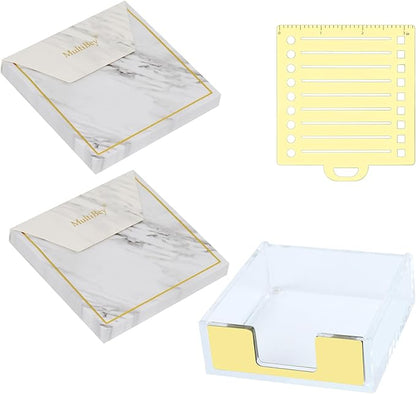 MultiBey Sticky Notes Memo Pad Holder with Stencil, 2 Pads Sticky Notepad 3X3, Gold Clear Post it Note Holder Desk Supplies Organizer Accessories for Office Home Schools(Transparent Gold)