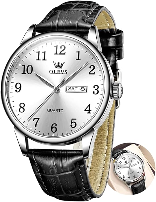OLEVS Mens Watches Vintage Leather Band Dress Classic Easy Reader Arabic Numerals Analog Quartz Waterproof Date and Day Blue/Black/White Large Face Men's Wrist Watches