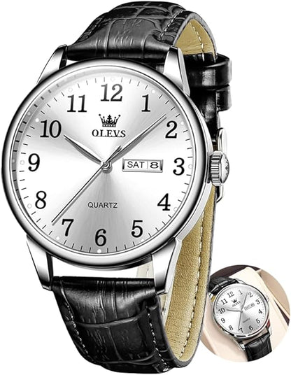 OLEVS Mens Watches Vintage Leather Band Dress Classic Easy Reader Arabic Numerals Analog Quartz Waterproof Date and Day Blue/Black/White Large Face Men's Wrist Watches
