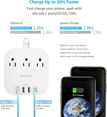 Power Strip with USB C, 3 Outlets 4 USB Ports (22.5W/4.5A) Desktop Charging Station, Flat Plug, 15ft Braided Extension Cord, Non Surge Protector for Travel, Cruise Ship, ETL Listed