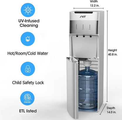 IKT Self Cleaning Bottom Load Water Cooler Dispenser 3 5 Gallon Hot, Cold & Room Temperature Water, Empty Bottle Alert, Child Safety Lock,Silver