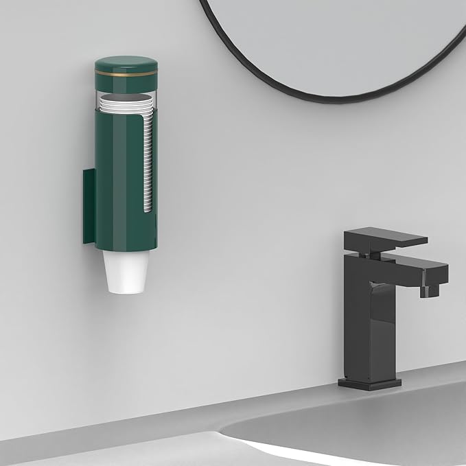 Wall Mounted Cup Dispenser for 5oz-8oz Disposable Cups - Pull Type Water Cooler Cup Holder with T-Shaped Window & Iron Clips, Dustproof Design for Family Bathroom, Office, Gym, Clinic (Green)