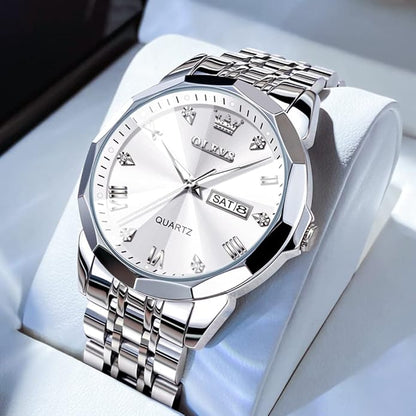 Men's Casual Stainless Steel Watch, Big Face Easy to Read Analog Quartz Watch with Day and Date, Classic Waterproof Diamond Roman Arabic Numerals Dial Dress Watch for Men, Gold Silver Black Band