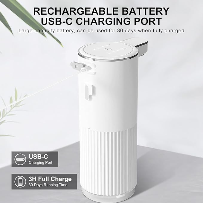 Automatic Liquid Soap Dispenser, 12.2oz/360ml Rechargeable Touchless Hand Soap Dispenser, 4 Level Adjustable with Display, Waterproof Wall Mounted Soap Dispenser for Bathroom Kitchen, White