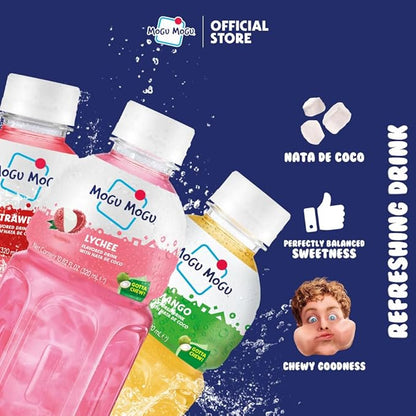 Mogu Mogu Variety Pack Juice Drink with Nata de Coco (Coconut Jelly) – Lychee, Strawberry & Mango, Chewy Fruit Beverage for Kids & Adults, 6 Pack Bottles, 10.82 fl oz Each
