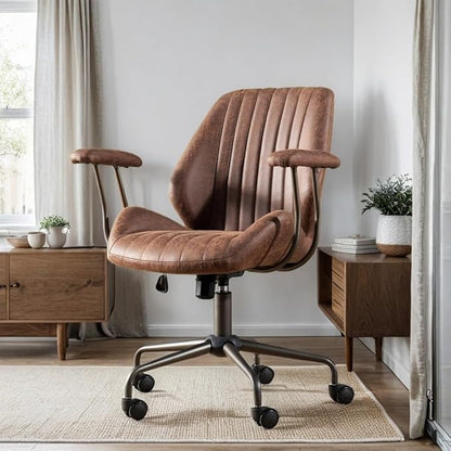 HOOOWOOO Faux Suede Leather Home Office Desk Chair,MCM Modern Ergonomic Task Work Chair,Computer Gaming Chair with Cushion Seat Mid Back for Long Hours(Chocolate Brown)