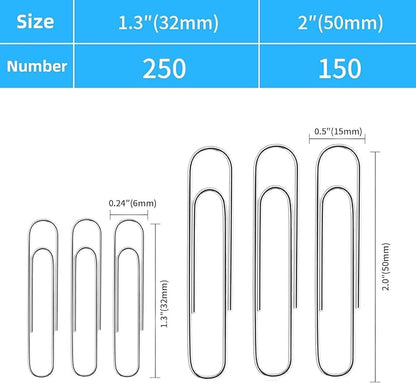 Shiny Silver Jumbo Paper Clips, 1.3 Inch (33mm) & 2 Inch (50mm), 400-Pack for Office, School & Home Document Organizing