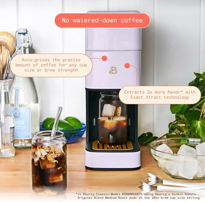 Beautiful Single Serve Coffee Maker with Built-In Burr Grinder, Hot or Iced, Pod-Free, 6 Brew Sizes, 3 Strengths, Touch Display, Reusable Filter, 64oz Reservoir, Slim Design (Lavender)
