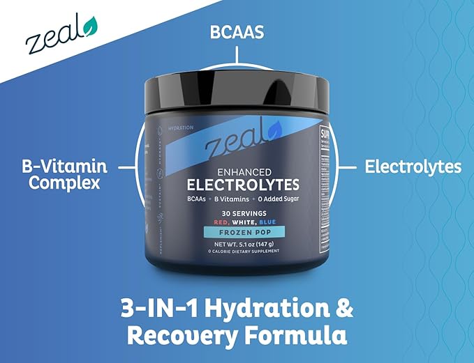 Zeal Electrolyte Powder - 90 Servings | Keto Electrolytes Powder | Zero Sugar, BCAAs, B-Vitamins | Potassium, Zinc, Magnesium | Hydration Powder Recovery Drink | Red White Blue Frozen Pop