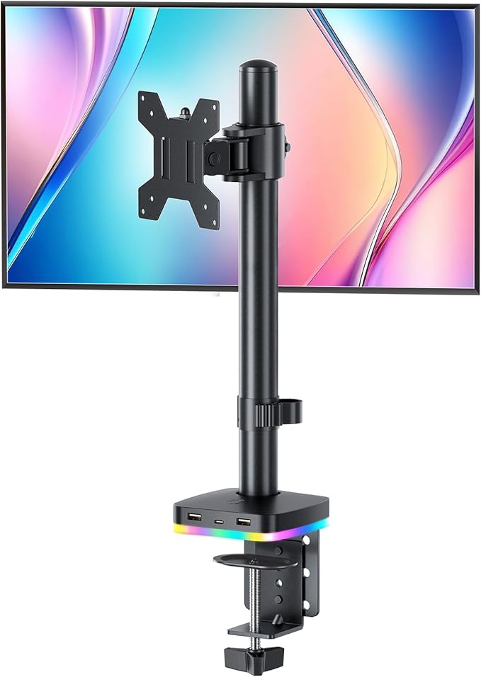 RGB Single Monitor Desk Mount, Monitor Arm with 3 USB Ports, Charging and USB Data Transfer Function, Desk Mount for 13"-27" Monitors up to 17.6lbs, Adjustable Height, Tilt, Swivel, Rotate