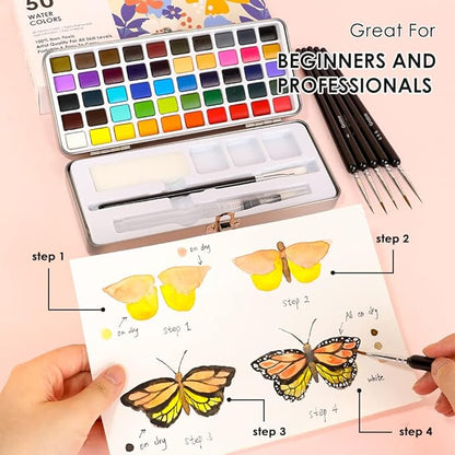 Grabie 50 Colors Watercolor Paint Set, Detail Paint Brush Included, Watercolor Paints, Painting Sets, Art Supplies for Painting, Travel Watercolor Set, Amateur Hobbyists