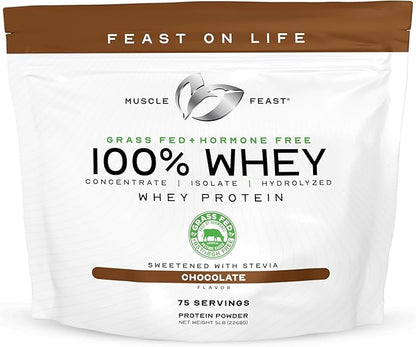 Muscle Feast 100% Grass Fed Whey Protein Powder, All Natural Hormone Free Paure Raised Whey Protein Powder for Women & Men- Whey Concentrate, Isolate & Hydrolyzed Protein Powder Blend - Chocolate, 5lb