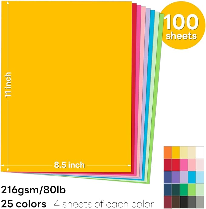 Colored Cardstock 8.5 x 11 Assorted, 100 Sheets Goefun 25 Colors Colored Copy card stock, 80lb Construction Paper Color Paper for Crafts & Scrapbooking