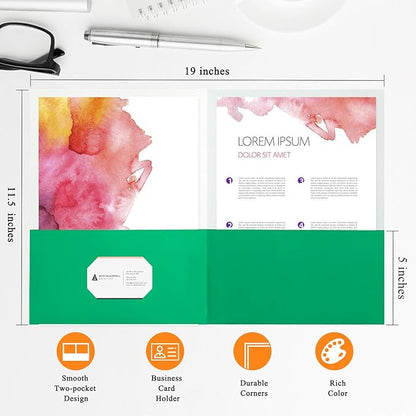 25Pcs Green Folders with Pockets,2 Pocket Folders Bulk,Holds 100 Sheets (50 per Pocket),Assorted Colors,Office Or School
