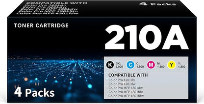 210A Toner Cartridges | Compatible Replacement for HP 210A W2100A W2101A W2102A W2103A 210X Works with HP Color Pro MFP 4301dw 4301fdn 4301fdw 4201dw 4201dn Series Printer, 4-Packs Color Set