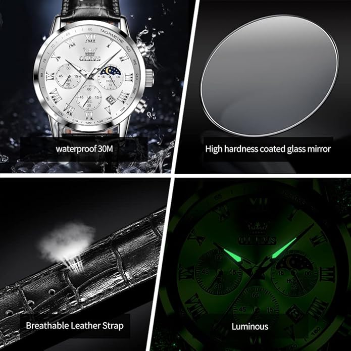 OLEVS Men's Leather Analog Quartz Watch - Luxury Chronograph Wristwatch With Date, Waterproof, Luminous - Dress Style