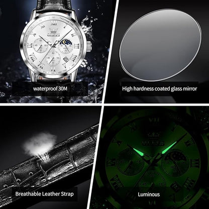 OLEVS Men's Leather Analog Quartz Watch - Luxury Chronograph Wristwatch With Date, Waterproof, Luminous - Dress Style