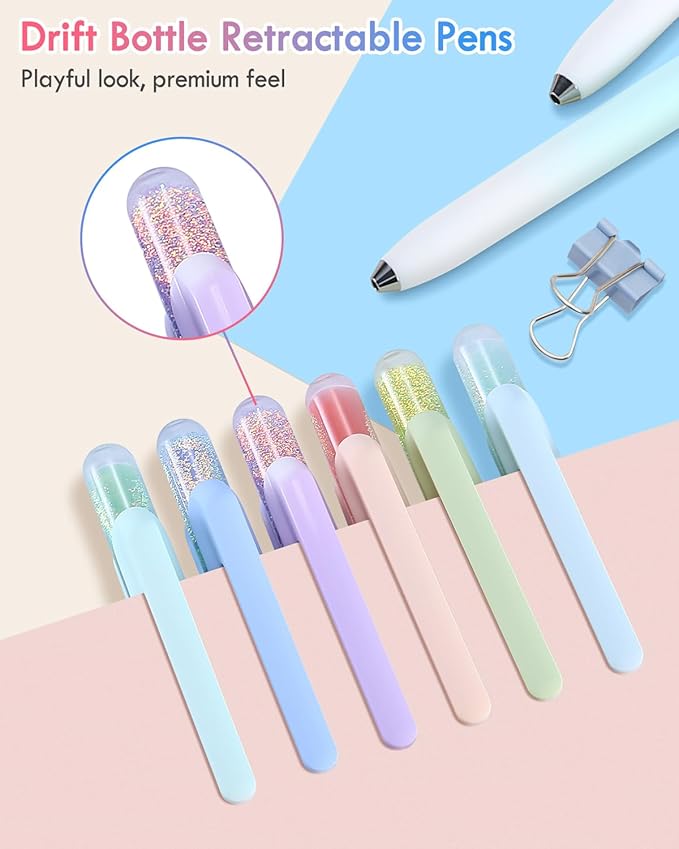 FIOVER Gel Pens, 6 Pack 0.5mm Drift Bottle Retractable Fine Point Smooth Writing Black Ink Pens, Quick Dry No Smear, Aesthetics Cute Office School Supplies Gifts for Women (6PCS Black Ink)