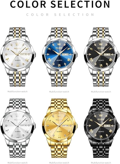 OLEVS Mens Watch Stainless Steel Analog Quartz Watches for Men Day Date Easy Read Diamond Waterproof Dress Luxury Classic Casual Big Face Blue/Black/Gold/Silver Roman Arabic Numerals Men's Wrist Watch