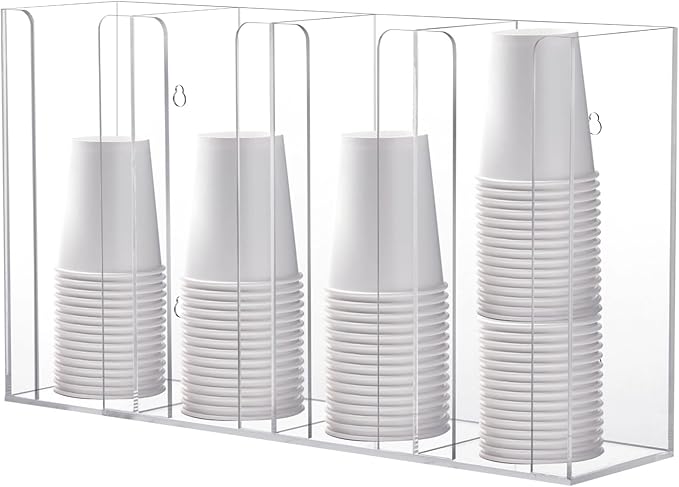 4-Compartment Acrylic Cup Dispenser, White Cup and Lid Holder for Counter, 16.5 * 4.1 * 9.4 inches,Wall-Mounted Cup Organizer, Clear Desktop Cup Storage Holder or Kitchen, Coffee, Bar
