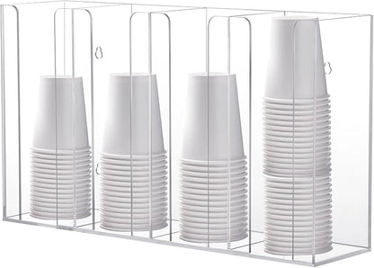 4-Compartment Acrylic Cup Dispenser, White Cup and Lid Holder for Counter, 16.5 * 4.1 * 9.4 inches,Wall-Mounted Cup Organizer, Clear Desktop Cup Storage Holder or Kitchen, Coffee, Bar