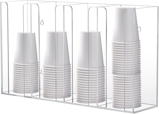 4-Compartment Acrylic Cup Dispenser, White Cup and Lid Holder for Counter, 16.5 * 4.1 * 9.4 inches,Wall-Mounted Cup Organizer, Clear Desktop Cup Storage Holder or Kitchen, Coffee, Bar