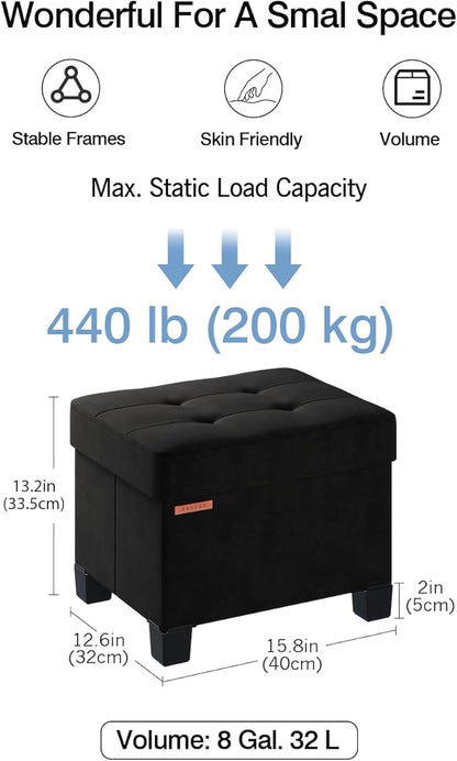 Cube Storage Ottoman, Velvet Foot Stool with Feet, Folding Storage Bench, End of Bed Bench, Storage Chest, for Living Room, Bedroom, 12.6 x 15.8 x 13.2 Inches, Black, ASND21B