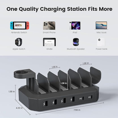 190W Fast Charging Station for Multiple Devices【Efficient & Safe Charging】 6 Port USB Charger Station - Family Multi-Device Organizer Charging Dock Compatible with iPhone/Android/MacBook/iPad/Tablet