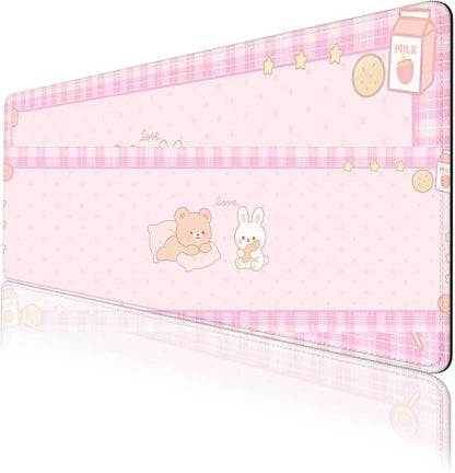 Cute Animals Gaming Mouse Pad Pink Kawaii Cartoon Rabbit Bear Extended Gaming Mouse Pad Mat with Stitched Edge Non-Slip Base Big Mousepad 31.5"x11.8"