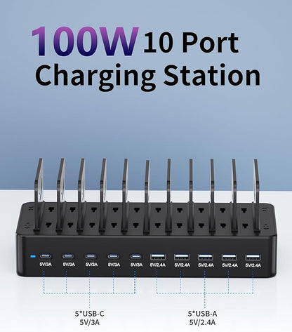 100W Charging Station for Multiple Devices, 10-Port USB Fast Charging Station with Adjustable Dividers & 10 Cables- Multi Device Organizer Charging Dock for iPhone, iPad, Tablets & More(Black)