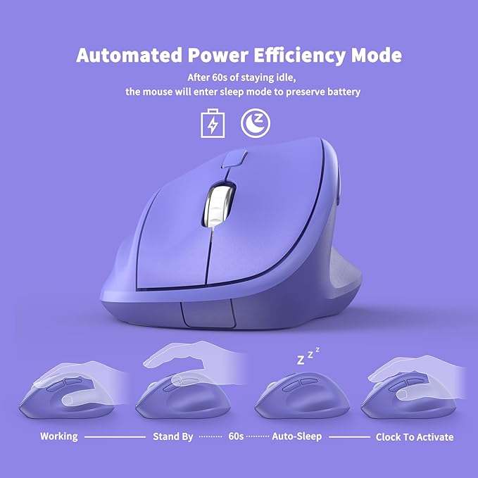 Ergonomic Wireless Mouse with USB Receiver for PC Computer, Laptop and Desktop, Ergo Mouse Vertical with Silent Clicks Long Battery Life, Up to 1600 DPI & 1 AA Battery Powered, Purple