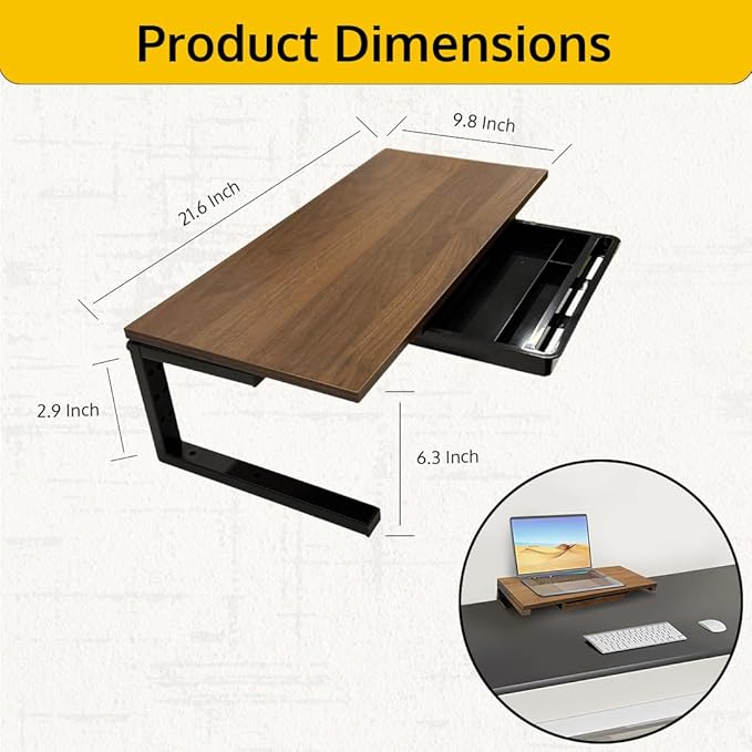 Ergonomic Clamp on Computer Monitor Laptop Riser Stand with Drawer, 21.6 x 9.8 inch - Dark Brown