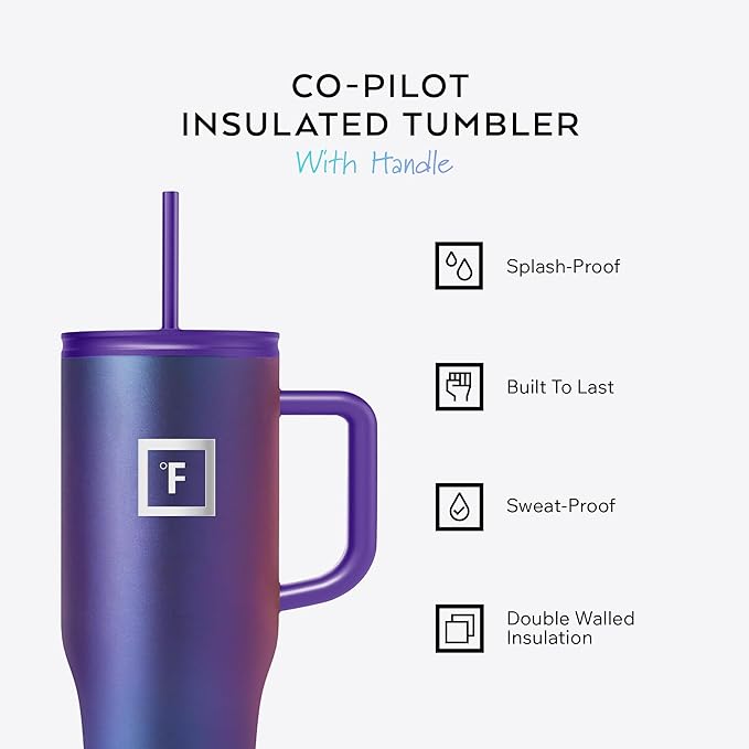 IRON °FLASK Co-Pilot Insulated Mug w/Straw & Flip Cap Lids - Cup Holder Bottle for Hot, Cold Drink - Leak-Proof - Water, Coffee Portable Travel Mug - Lavender, 32 Oz