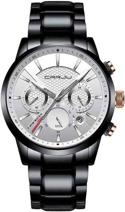 CRRJU Men's Business Casual Chronograph Quartz Waterproof Wristwatch Black Leather Strap