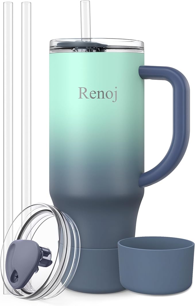 Renoj Tumbler with Handle 100% Spill Resistant Insulated Water Bottle for Iced Coffee & Hot Drinks - Fits Car Cup Holder, Ideal Gift, 2 Straws & Silicone Boot BPA-Free - FlexSlide Blue Gradient 40 oz