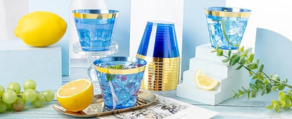 Nervure 240 PCS Blue Plastic Cups - 9Oz Gold Rimmed Plastic Cups - Heavy Duty Disposable Blue Cup with Gold Rim Perfect for Weddings, Receptions & Parties