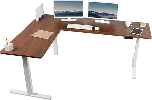 VIVO Electric Height Adjustable 83 x 60 inch Corner Stand Up Desk, 2 Dark Walnut Solid Table Tops, White Frame, Memory Controller, L-Shaped Workstation, 3E Series, DESK-KIT-3E8WD