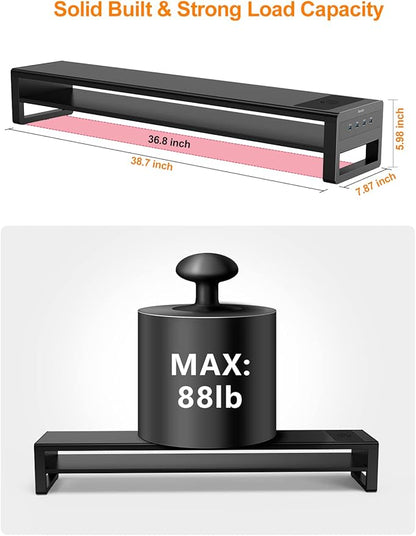 2 Tiers Dual Monitor Stand with Auto Charging Pad, 4 USB 3.0 Hub Ports, Double Monitor Riser, Metal Desk Stand with Storage, Long Screen Raiser for 2 Monitors/PC/Laptop/Computer Space Saver Organizer