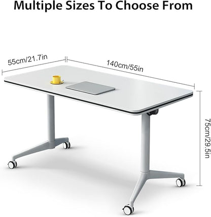 Conference Table,Folding Conference Table with Silent Wheels,Rectangular Business Conference Room Table,for Reception Offices Classrooms Meeting Training Room (8, White, 55.1in)