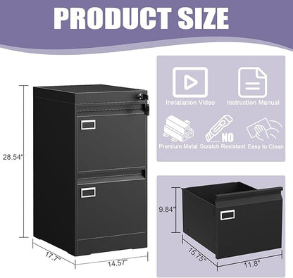 2 Drawer Metal File Cabinet with Lock, Black Locked Filing Cabinets, Vertical Small File Cabinet with Key, Under Desk Filing Cabinets for Home Office