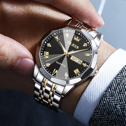 OLEVS Mens Watch Stainless Steel Analog Quartz Watches for Men Day Date Easy Read Diamond Waterproof Dress Luxury Classic Casual Big Face Blue/Black/Gold/Silver Roman Arabic Numerals Men's Wrist Watch