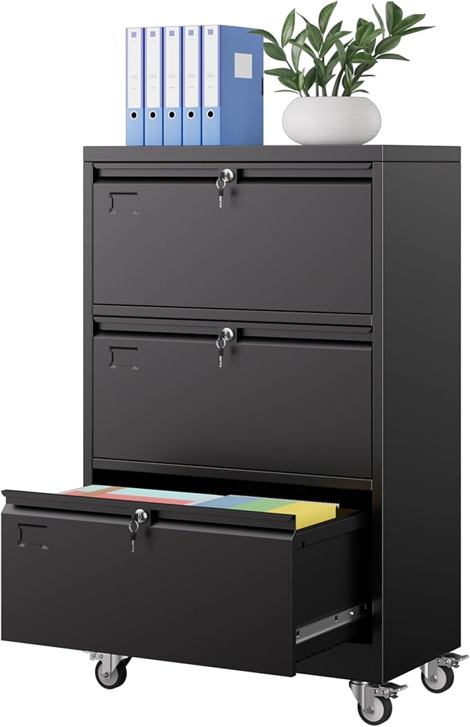 Aobabo 3 Drawer Lateral File Cabinet with Wheels, Lockable Metal Filing Cabinet for Home Office, Legal/Letter Size,Black,Required Assembled,15.87" D x 28.94" W x40.48 H