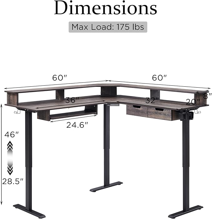 T4TREAM 60" Electric Standing Desk - L Shaped Desk with Monitor Stand, Charging Station & Remote Light, Home Office & Gaming Corner Computer Desk, Dark Rustic Oak