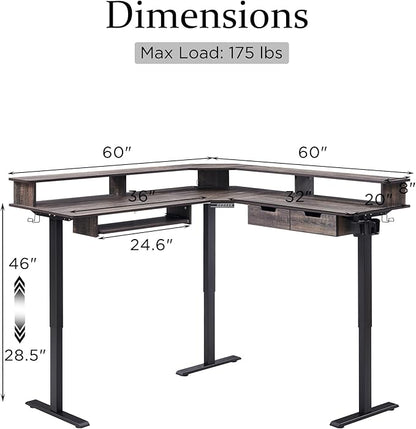 T4TREAM 60" Electric Standing Desk - L Shaped Desk with Monitor Stand, Charging Station & Remote Light, Home Office & Gaming Corner Computer Desk, Dark Rustic Oak